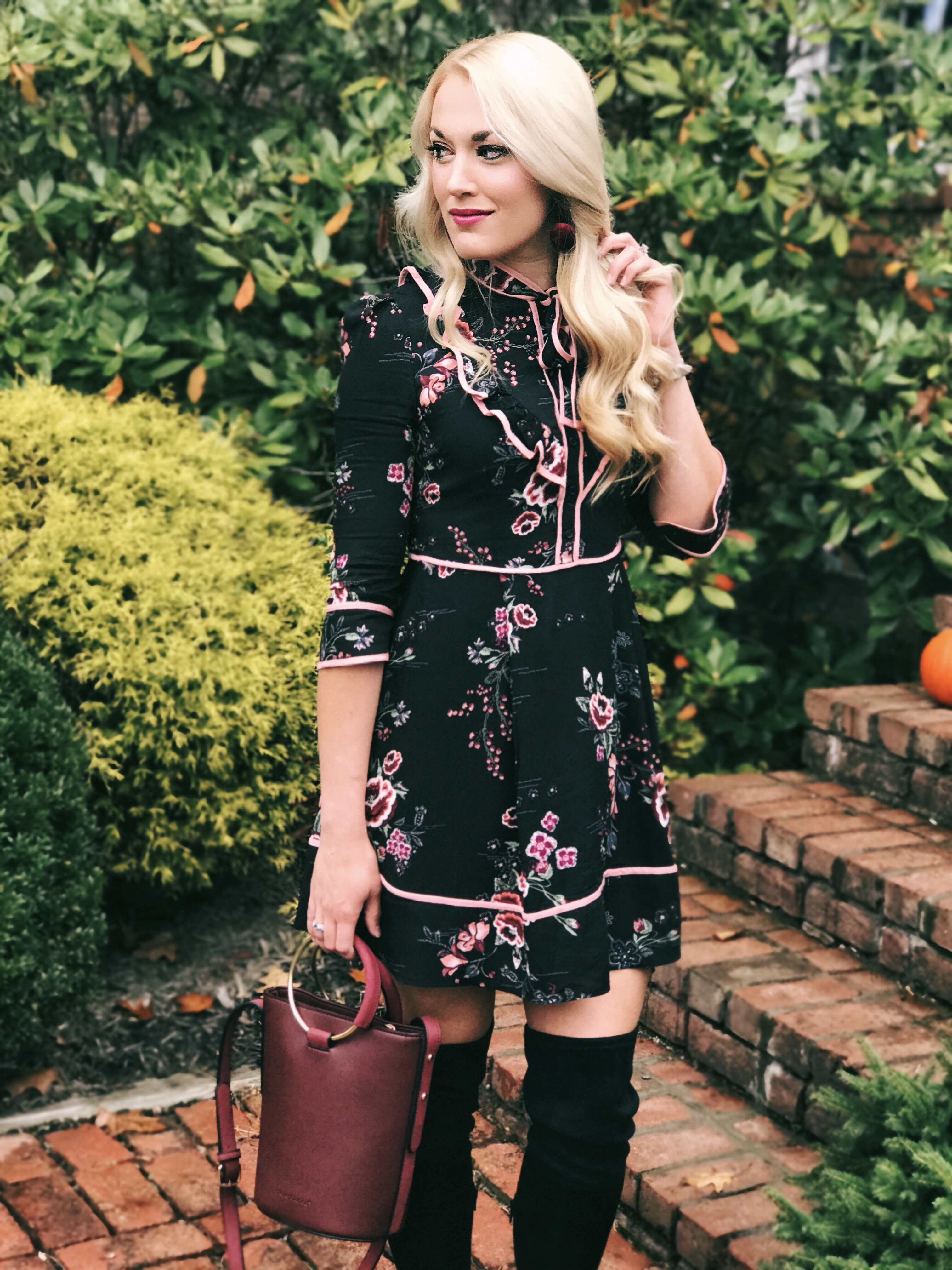 Fall Floral Dress, Bucket Bag, Over The Knee Boots