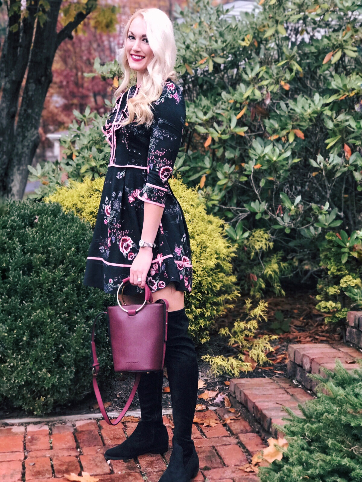 Fall Floral Dress, Bucket Bag, Over the Knee Boots