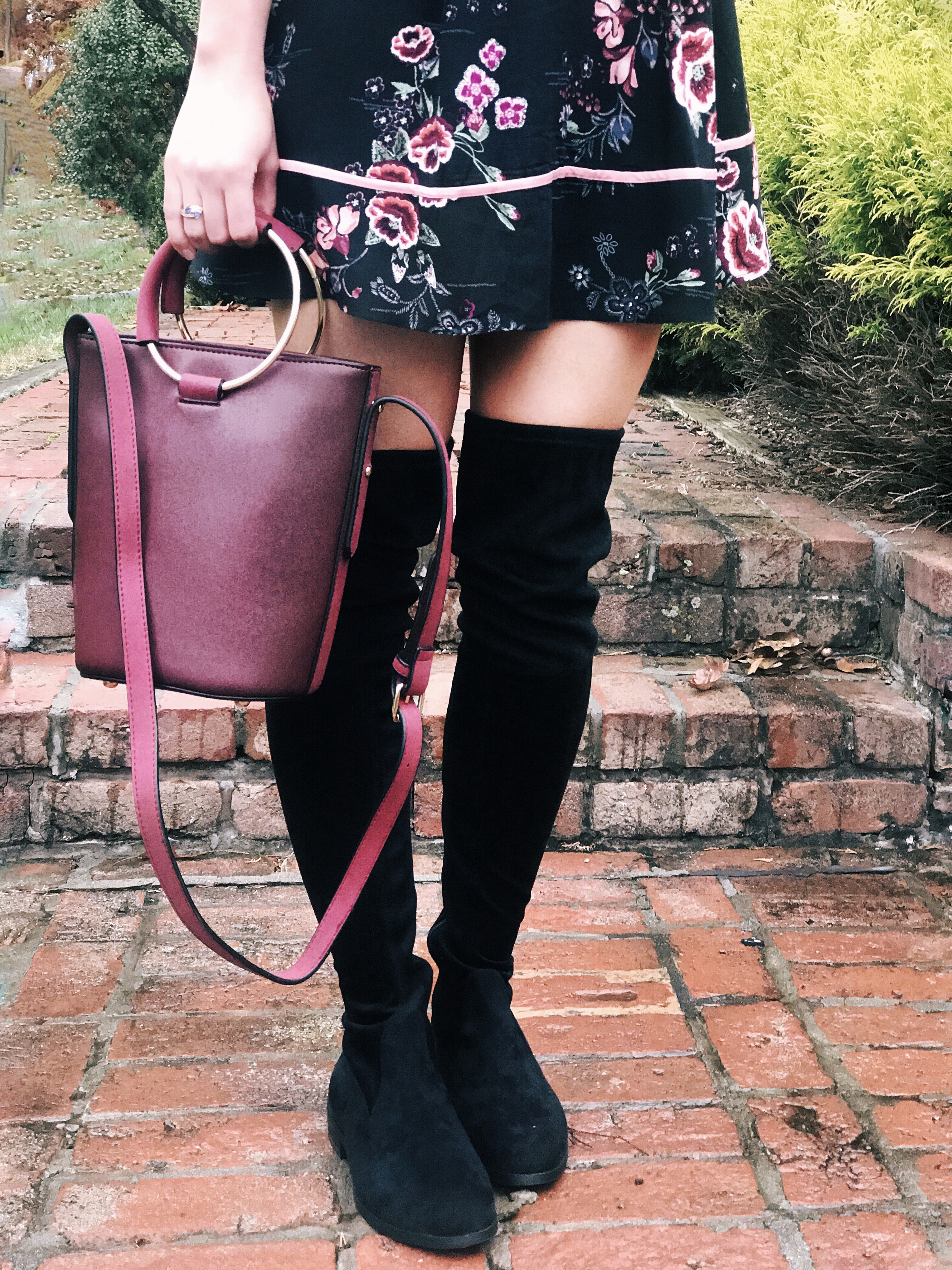 Fall Floral Dress, Bucket Bag, Over the Knee Boots