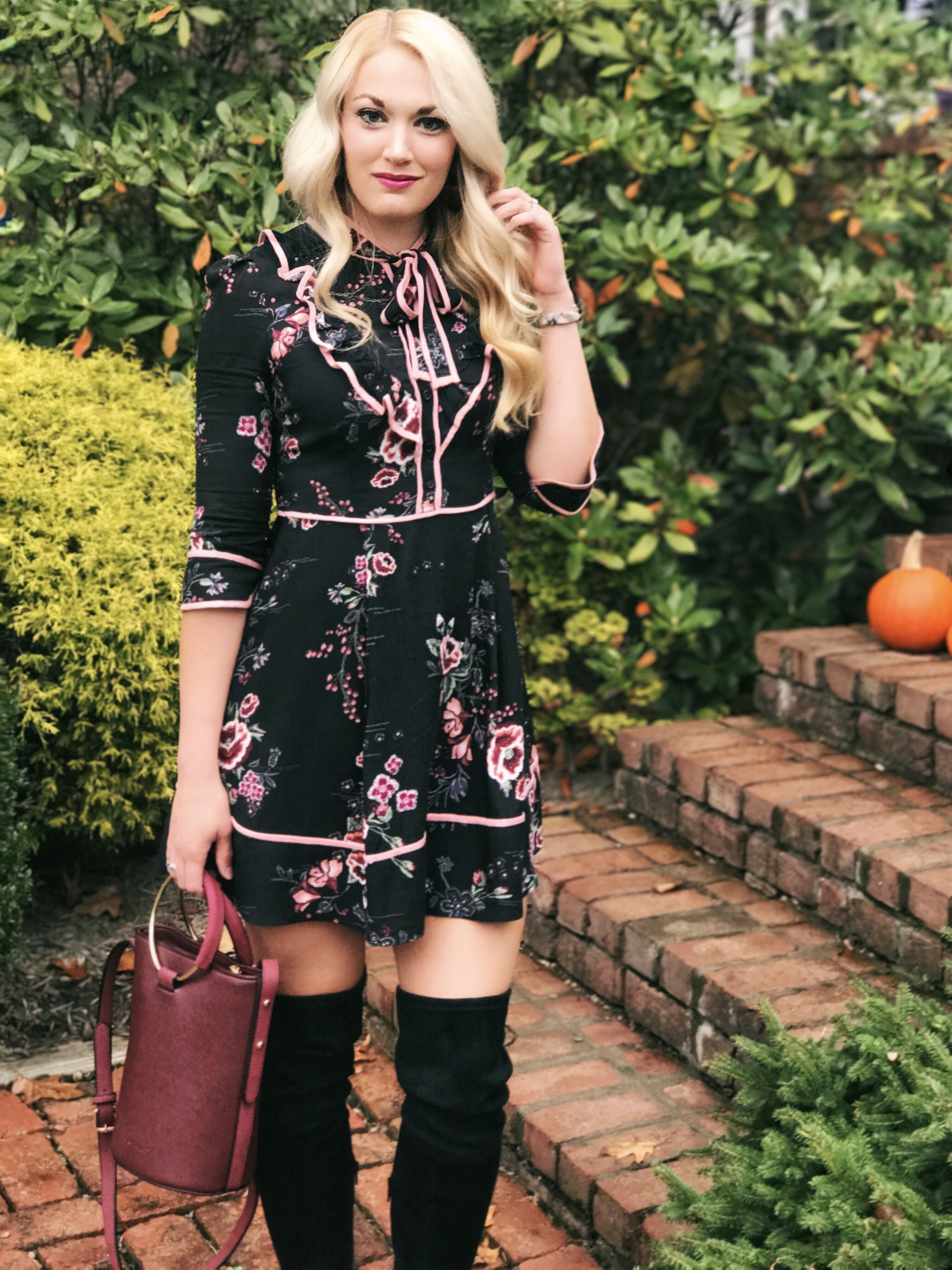 Fall Floral Dress, Bucket Bag, Over The Knee Boots