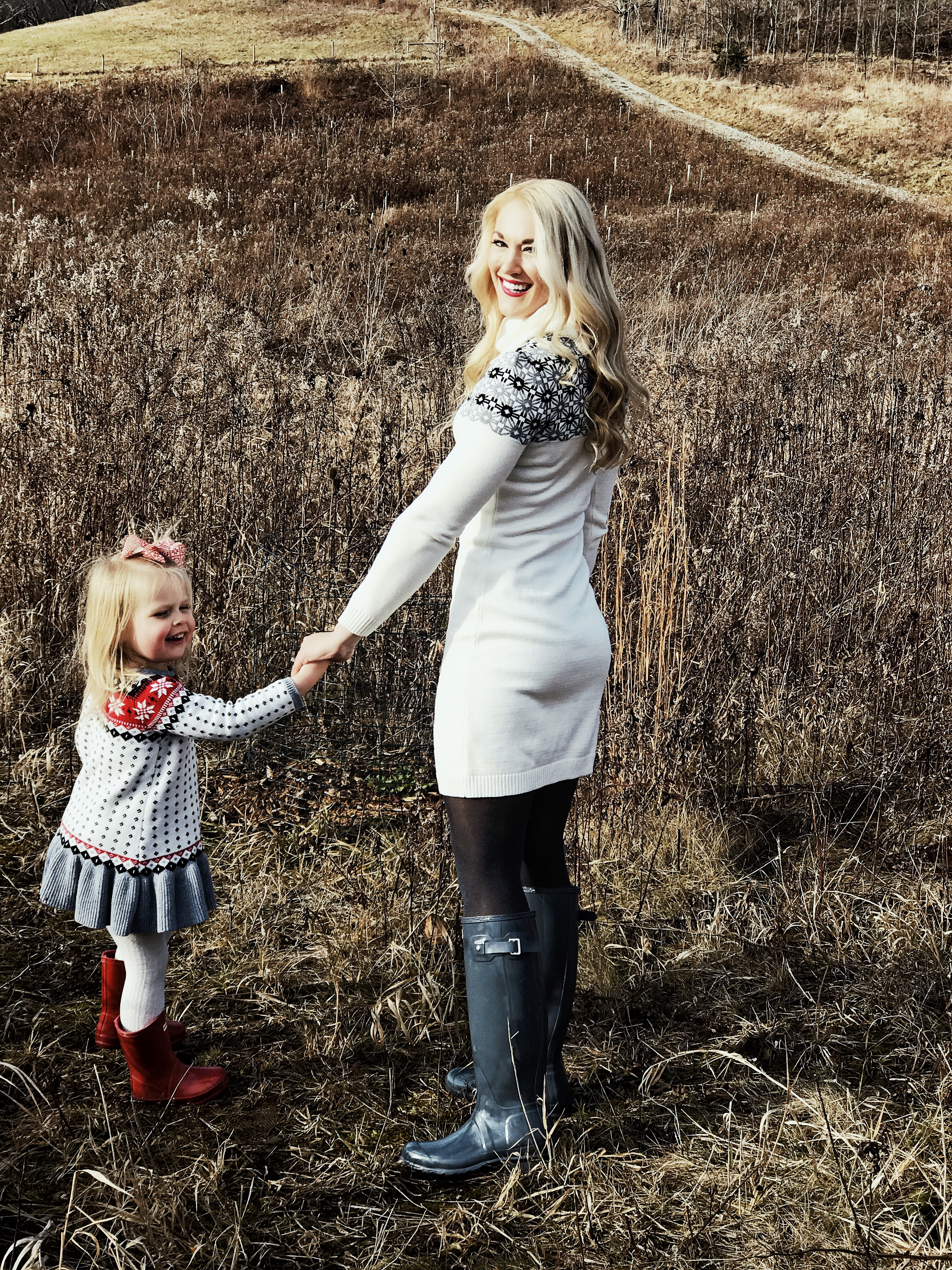 Mommy and Me | Fair Isle Sweaters and Hunter Boots