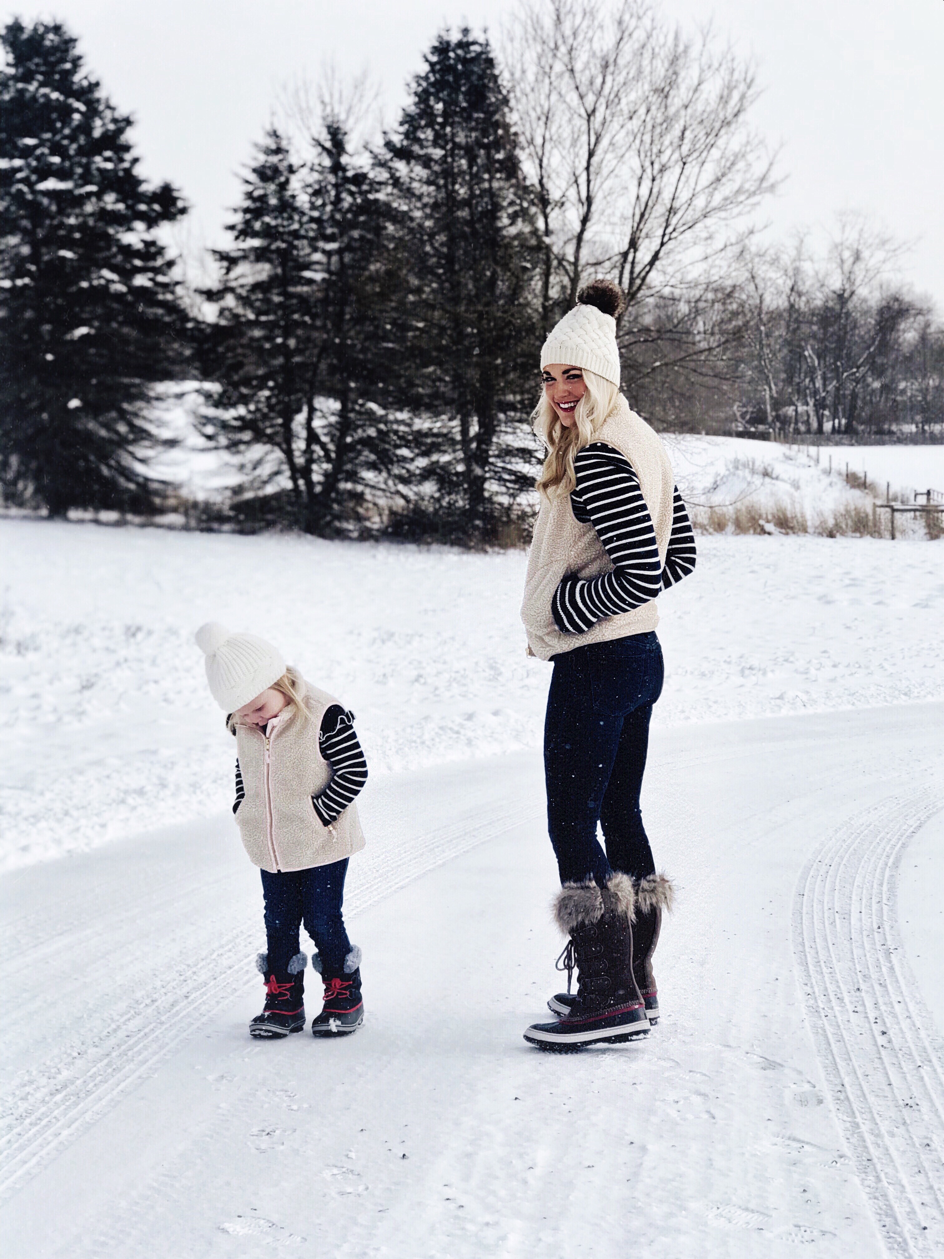 Mommy and Me | Cozy Winter Outfits | Sherpa Vests | Sorel Boots