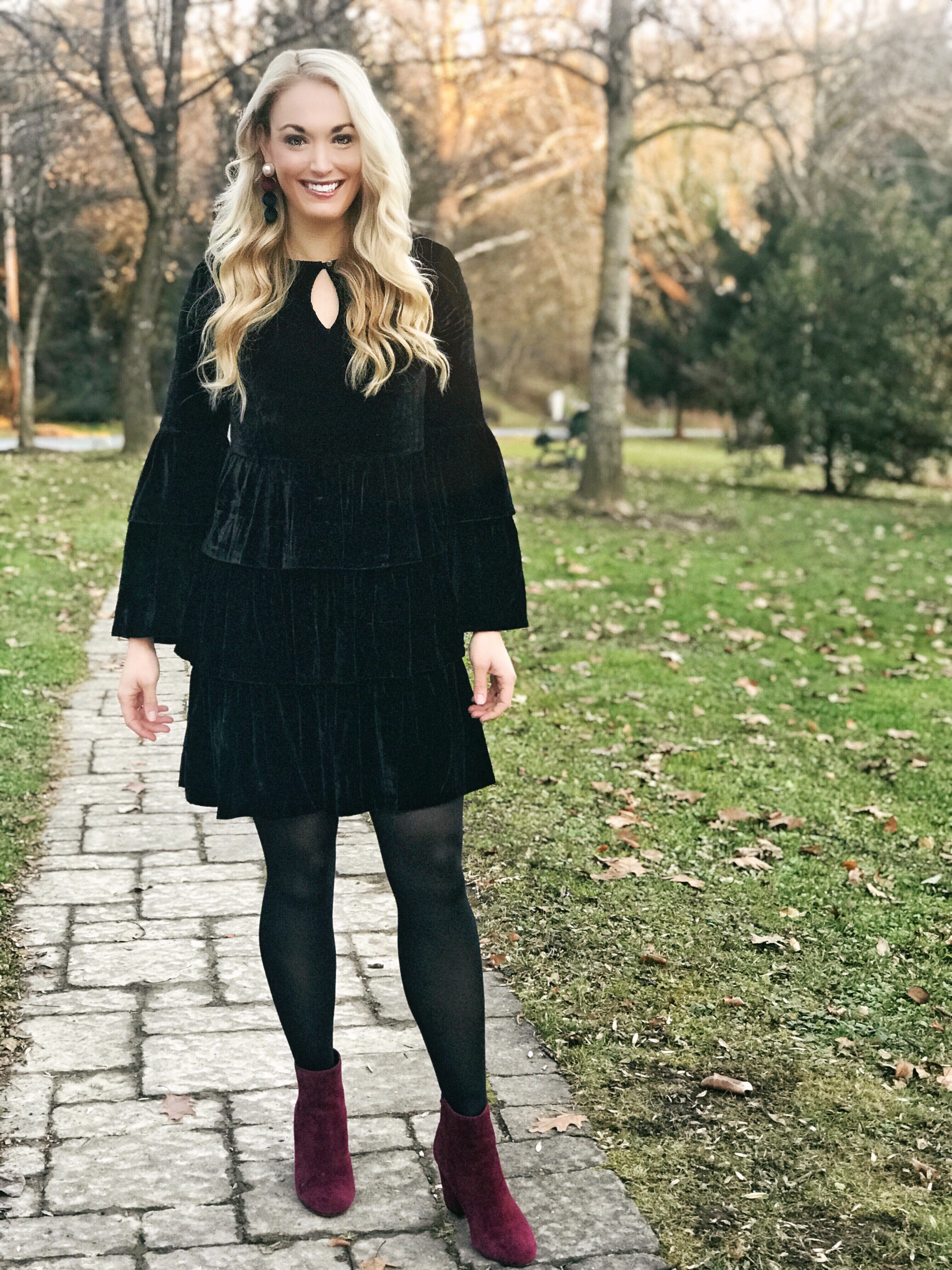 Velvet Bell Sleeve Dress & Burgundy Booties | Style Her Strong Blog