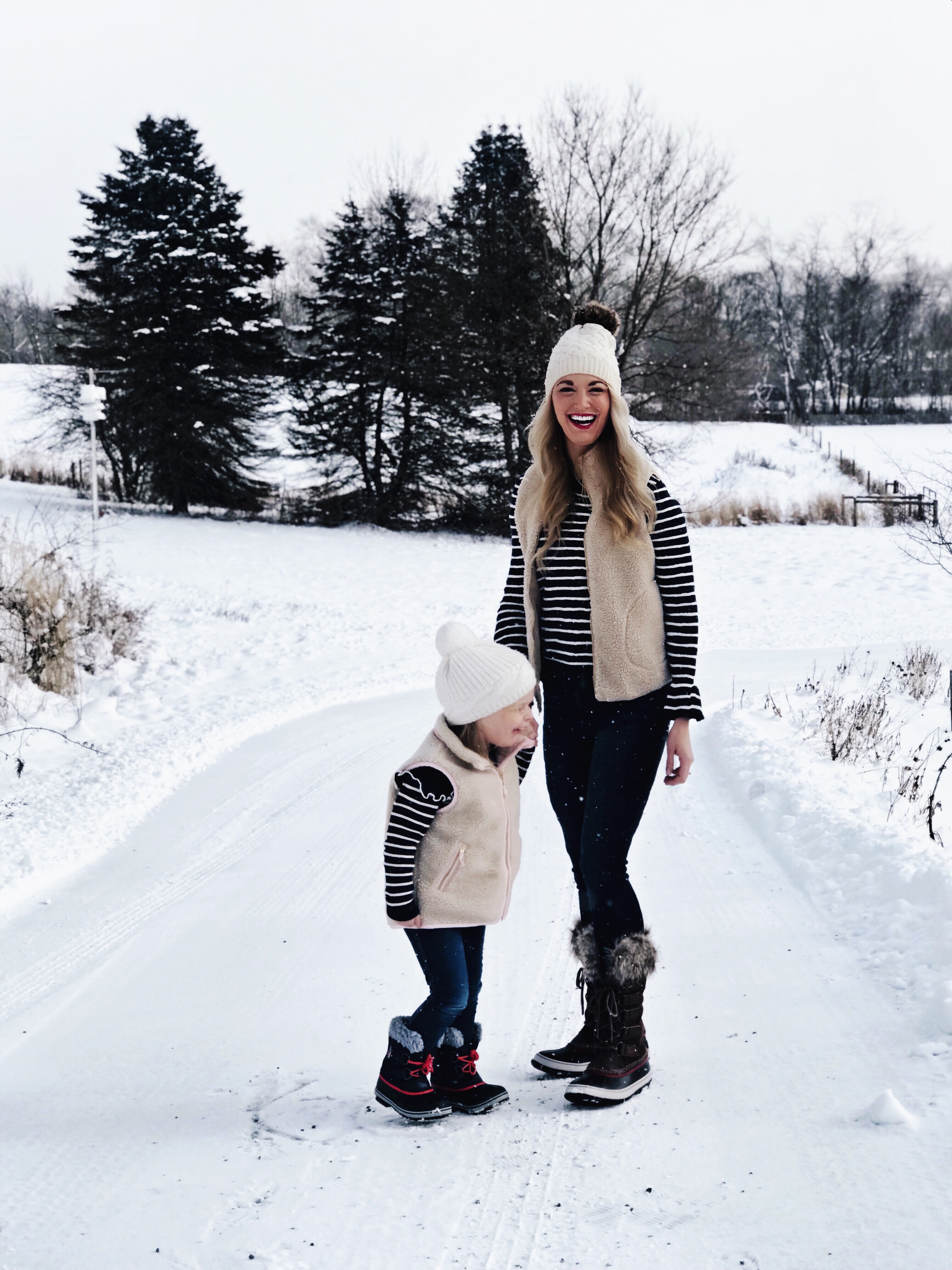 Mommy and Me | Cozy Winter Outfits | Sherpa Vests | Sorel Boots