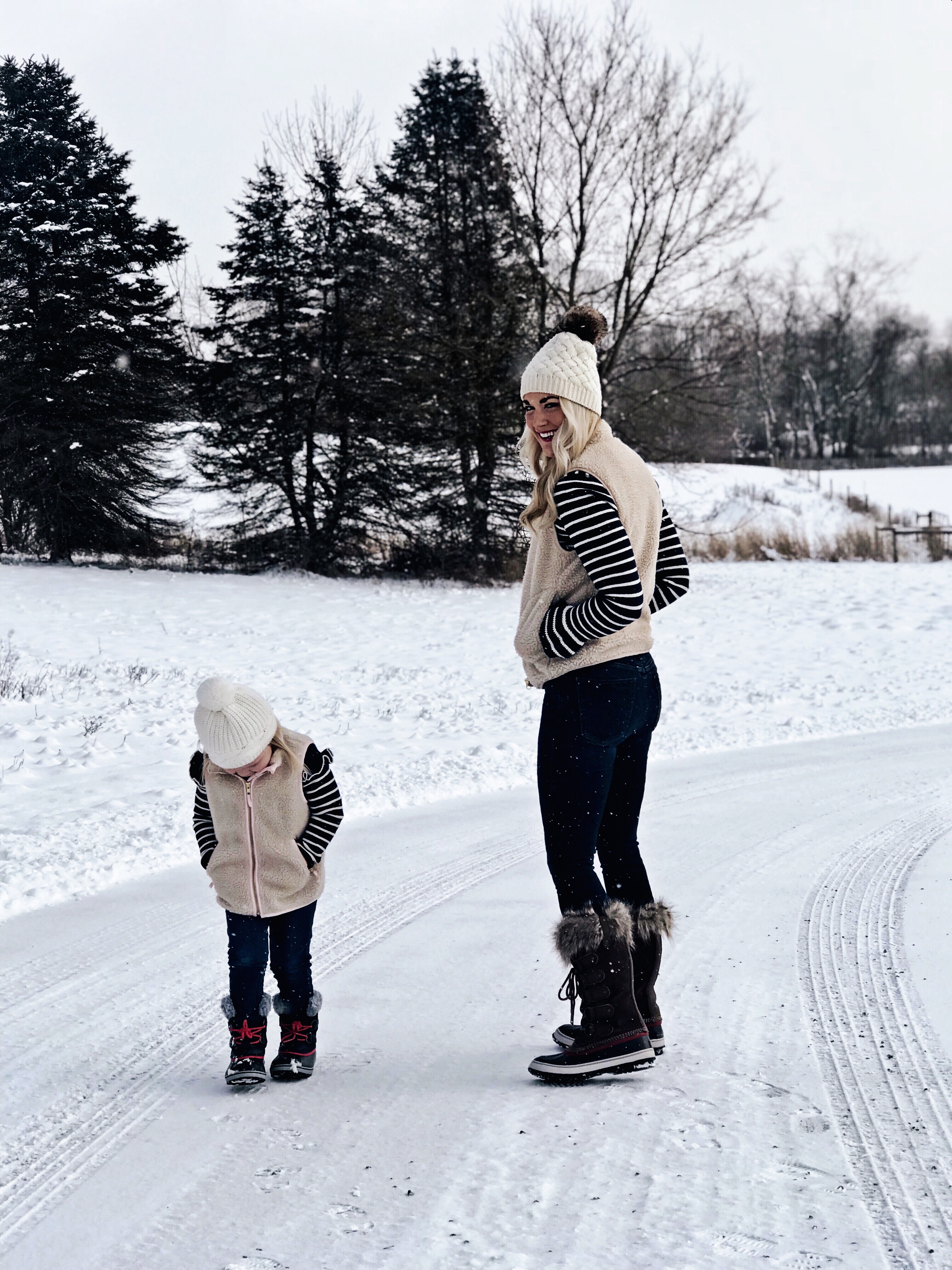 Mommy and Me | Cozy Winter Outfits | Sherpa Vests | Sorel Boots