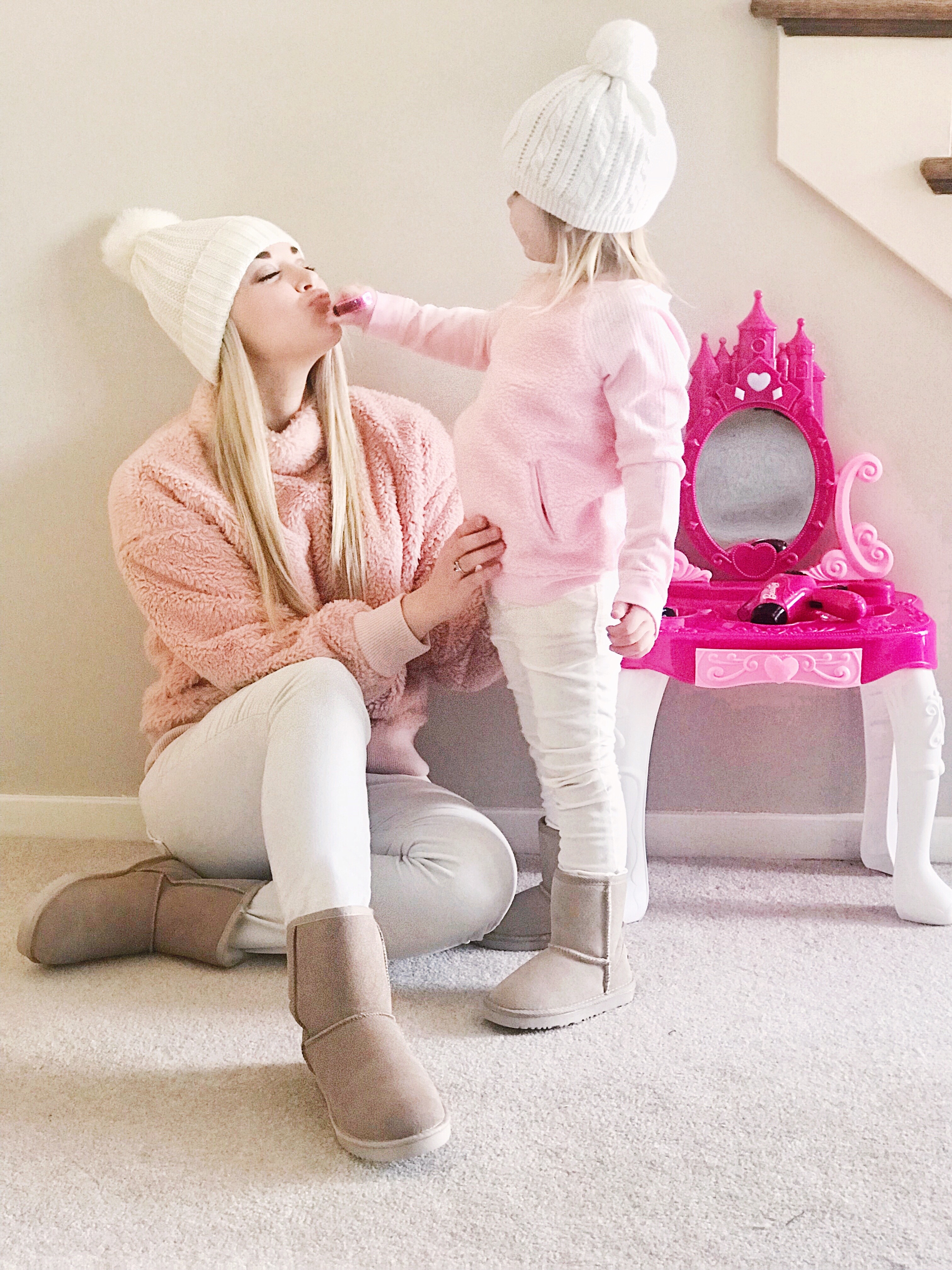 Mommy and Me Outfits | Teddy Bear Sweater | Blush | Winter Whites | Ugg Boots | www.styleherstrong.com