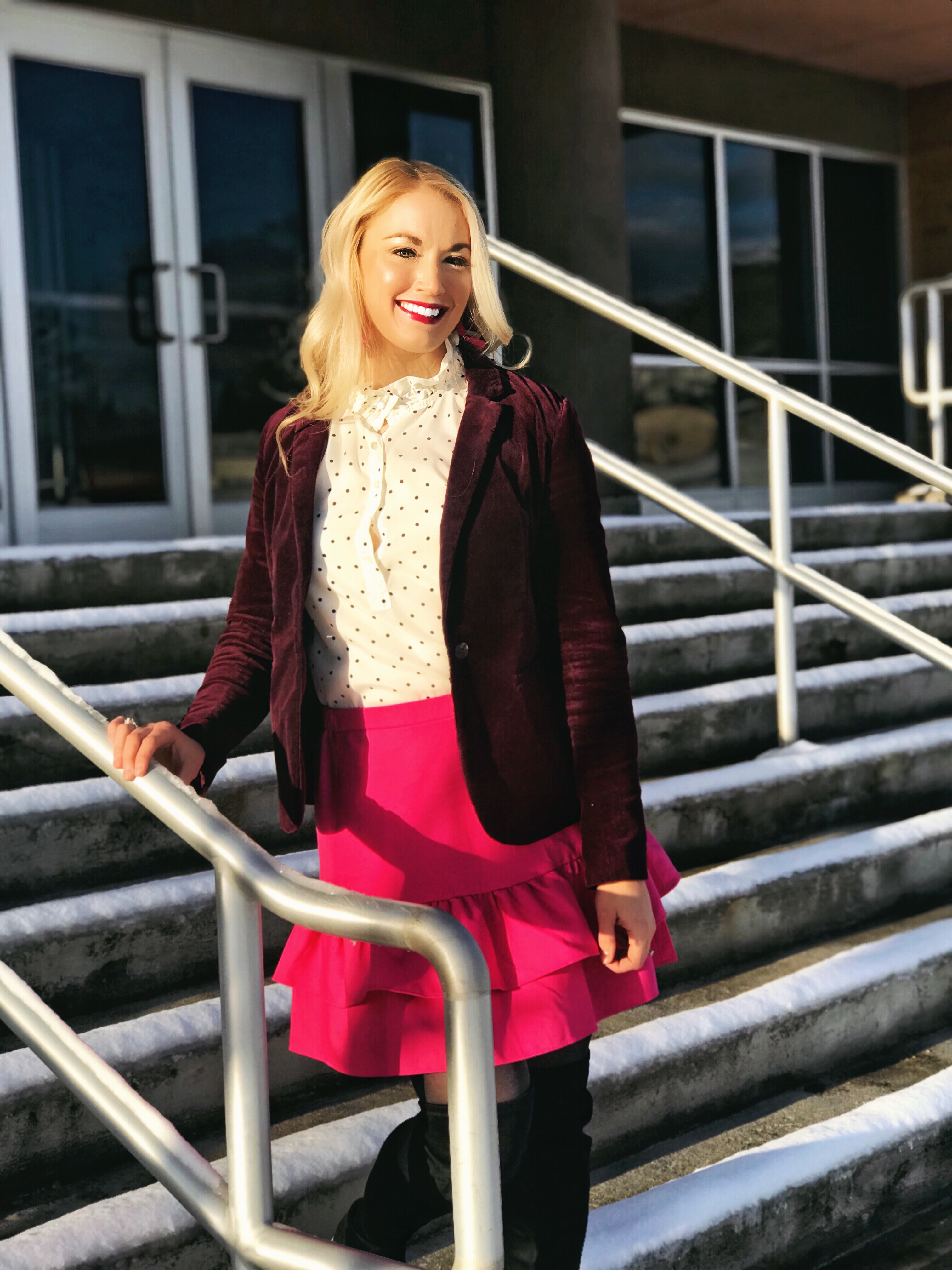 Velvet Blazer | Pink Ruffle Skirt | Over The Knee Boots | Polka Dot Blouse | www.styleherstrong.com