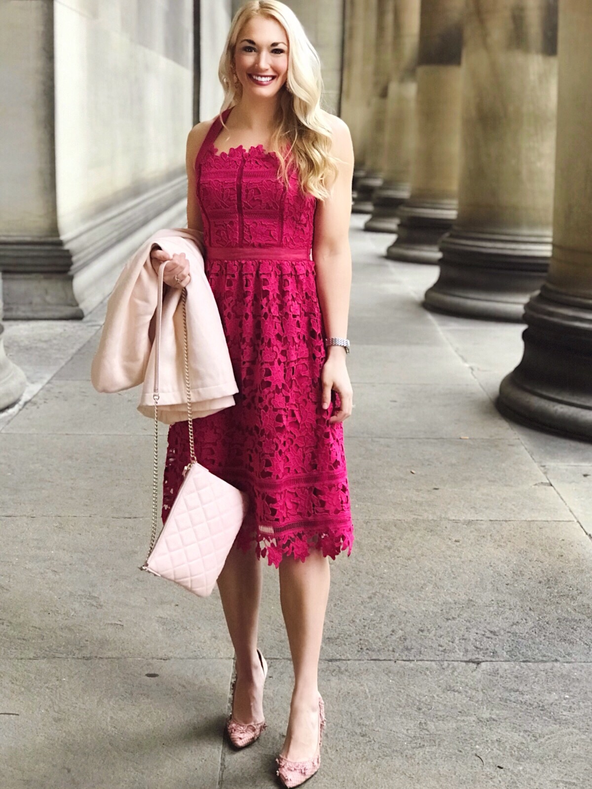 Lace Fit and Flare Dress | Valentine's Day Dress | Quilted Purse | Floral Embellished Pumps | #springstyle #fashion #fashionblogger #style #styleblogger #classicfashion #lacedress