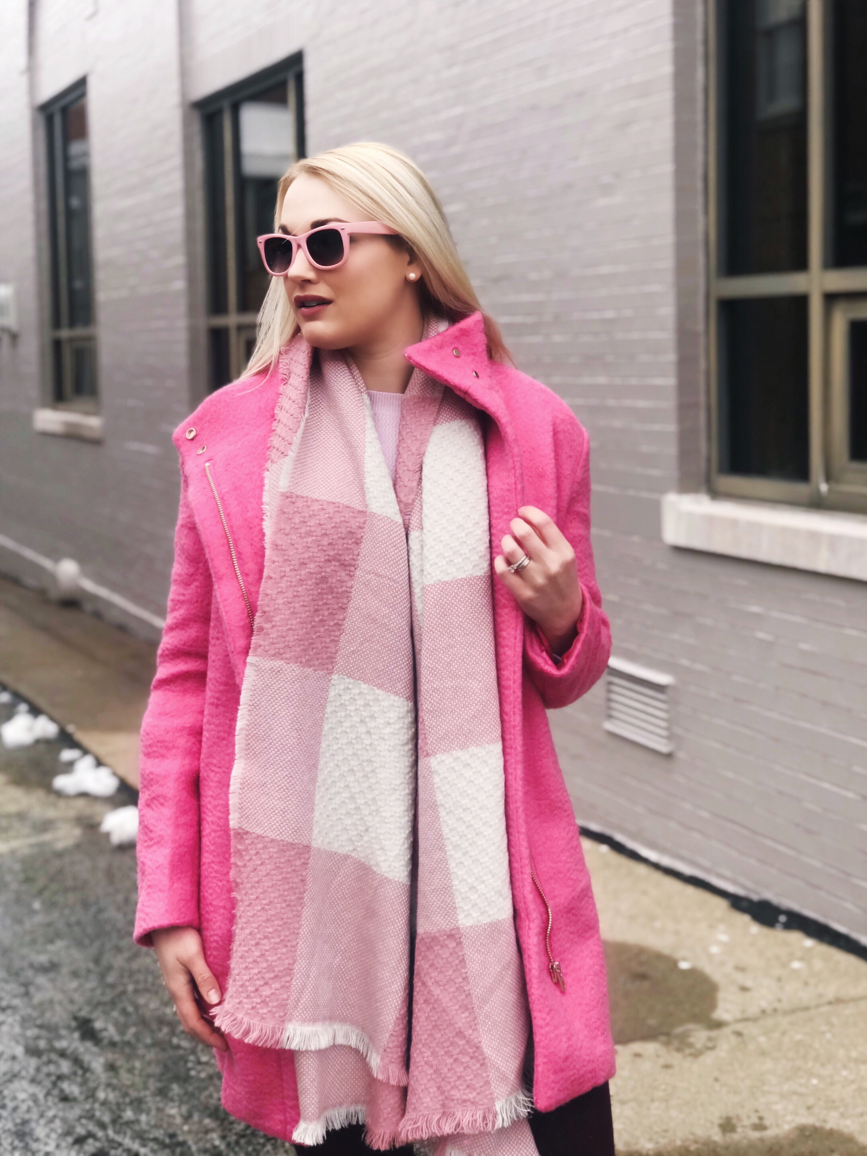 Pink Coat | Pink Gingham Scarf | Pink Sunglasses | www.styleherstrong.com #gingham #pinkcoat #preppy #springstyle #classicstyle #fashionblogger #styleblogger