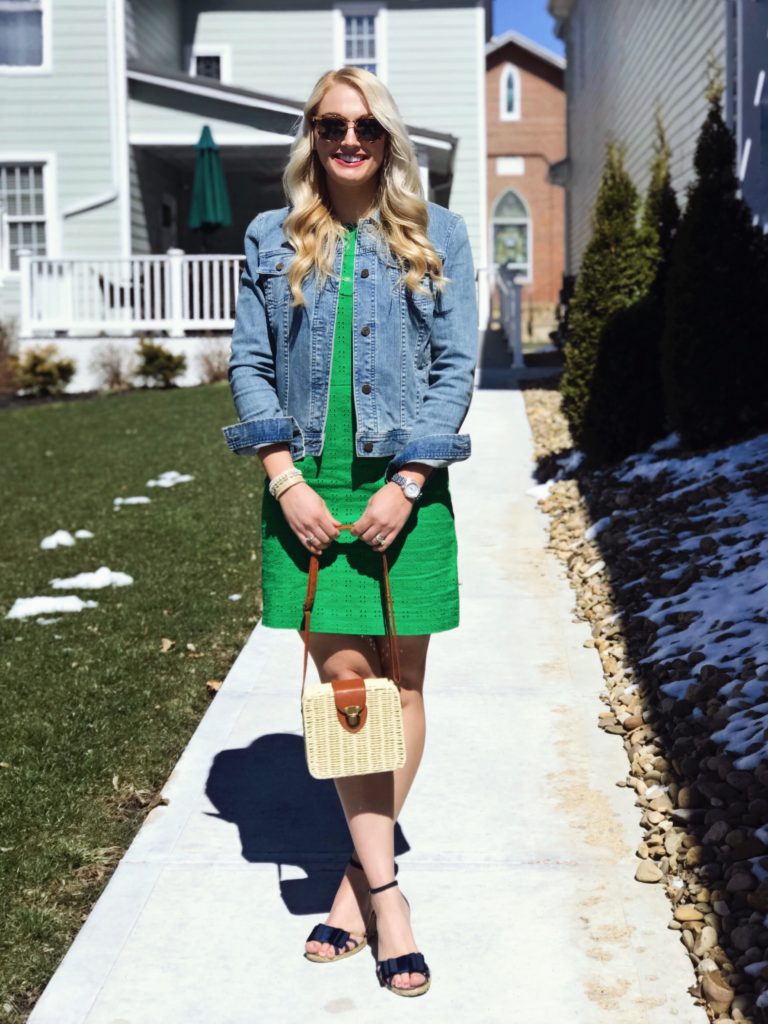 Preppy Spring Dress | Woven Bag | Denim Jacket #styleblogger #preppy