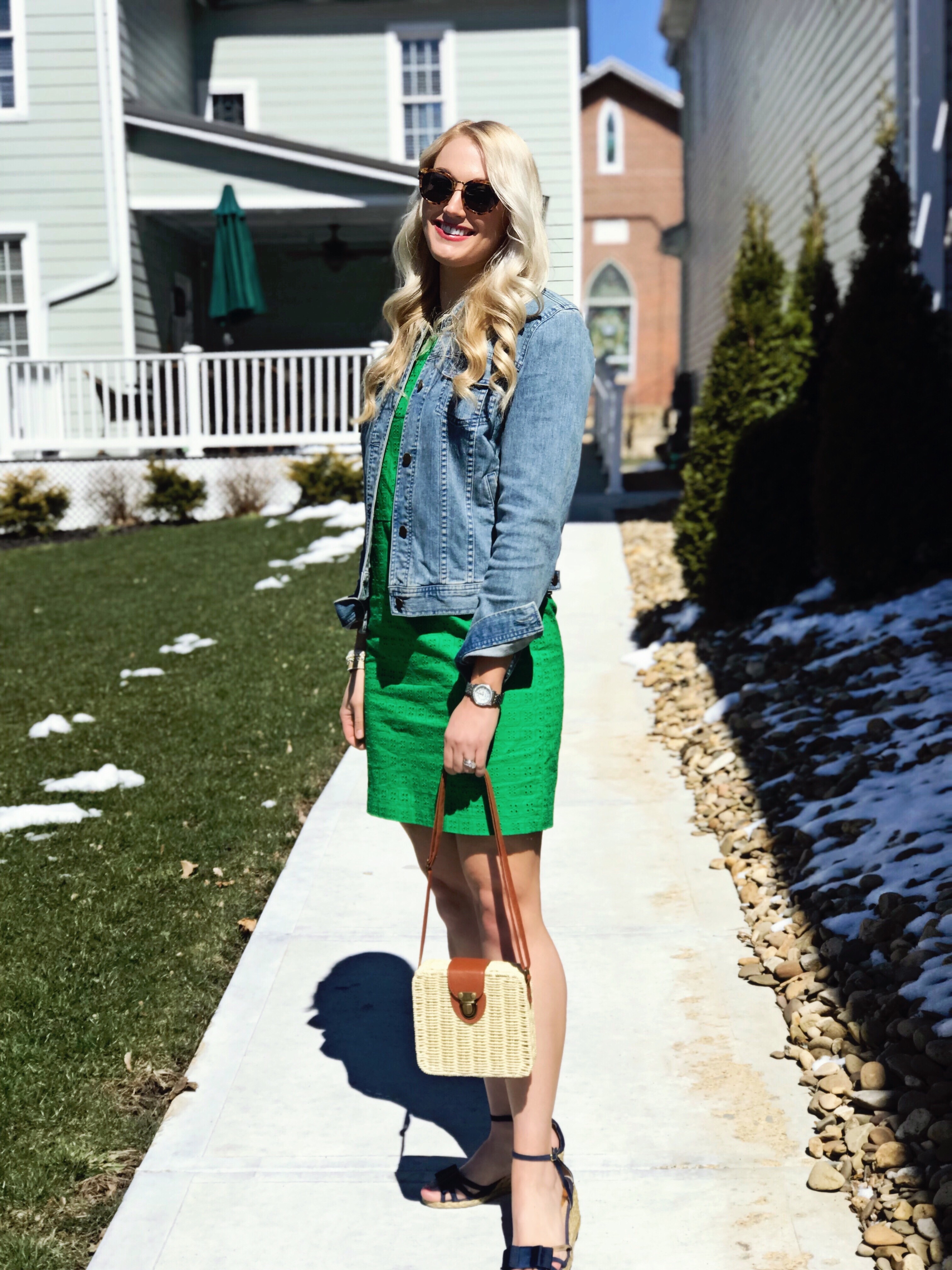 Preppy Spring Dress | Woven Bag | Denim Jacket #styleblogger #preppy