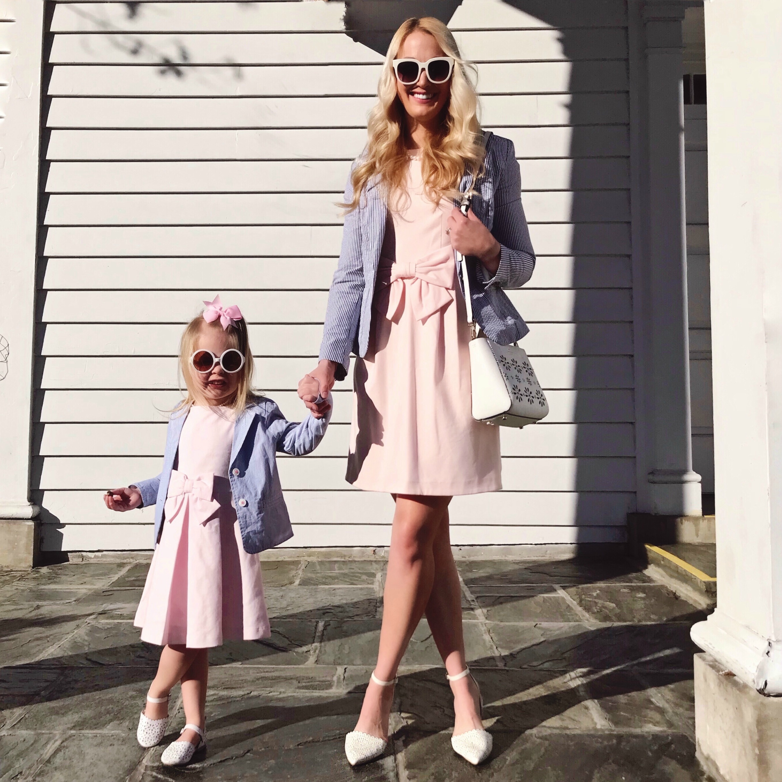 Mommy and Me Outfits | Pink Bow Dress | Seersucker Blazer | Scallop Ballet Flats