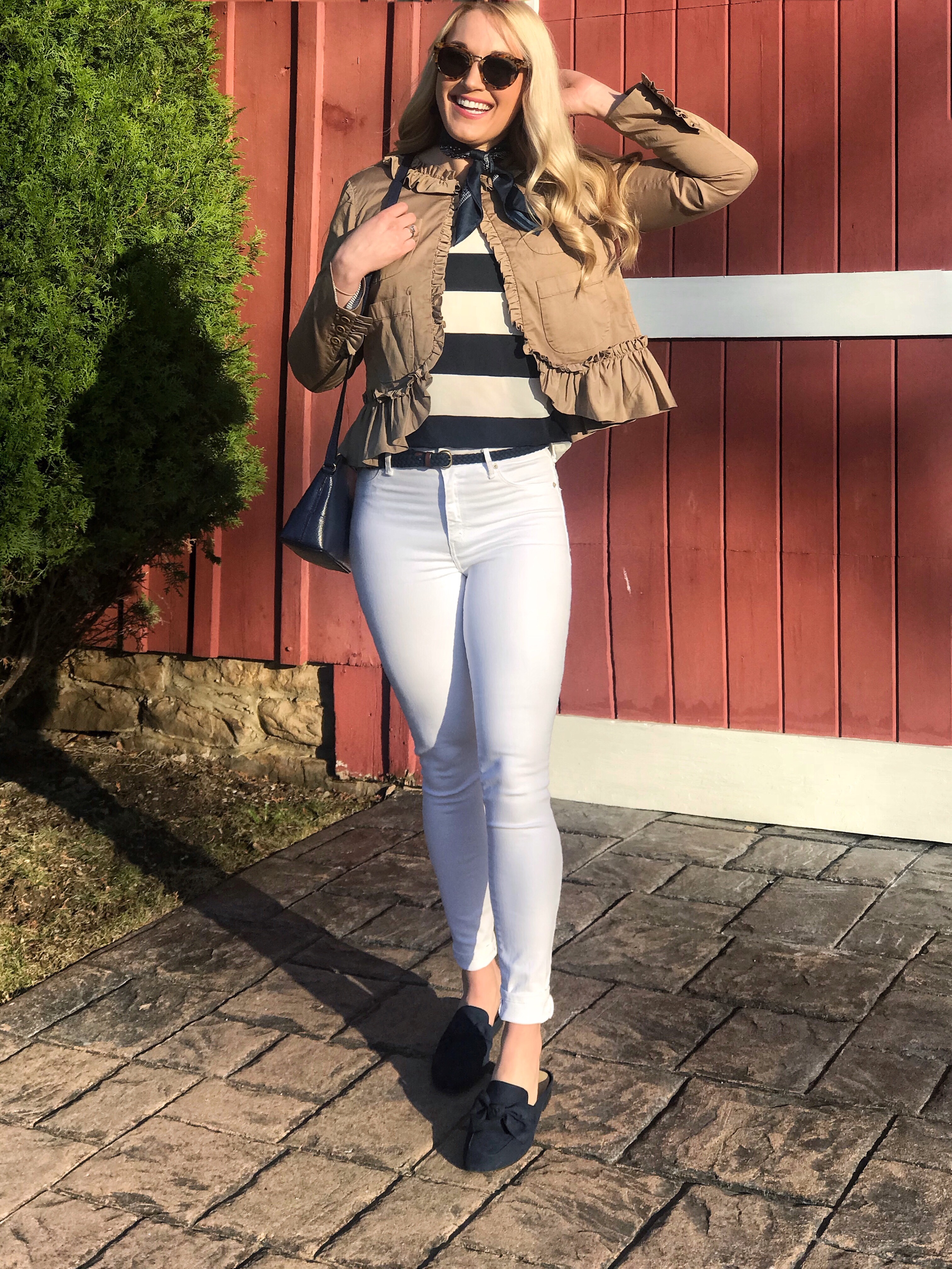 How to Wear White Skinny Jeans | Olive Jacket | Spring Scarf | Bow Slide Flats | #fashionblogger #style #preppystyle #springstyle