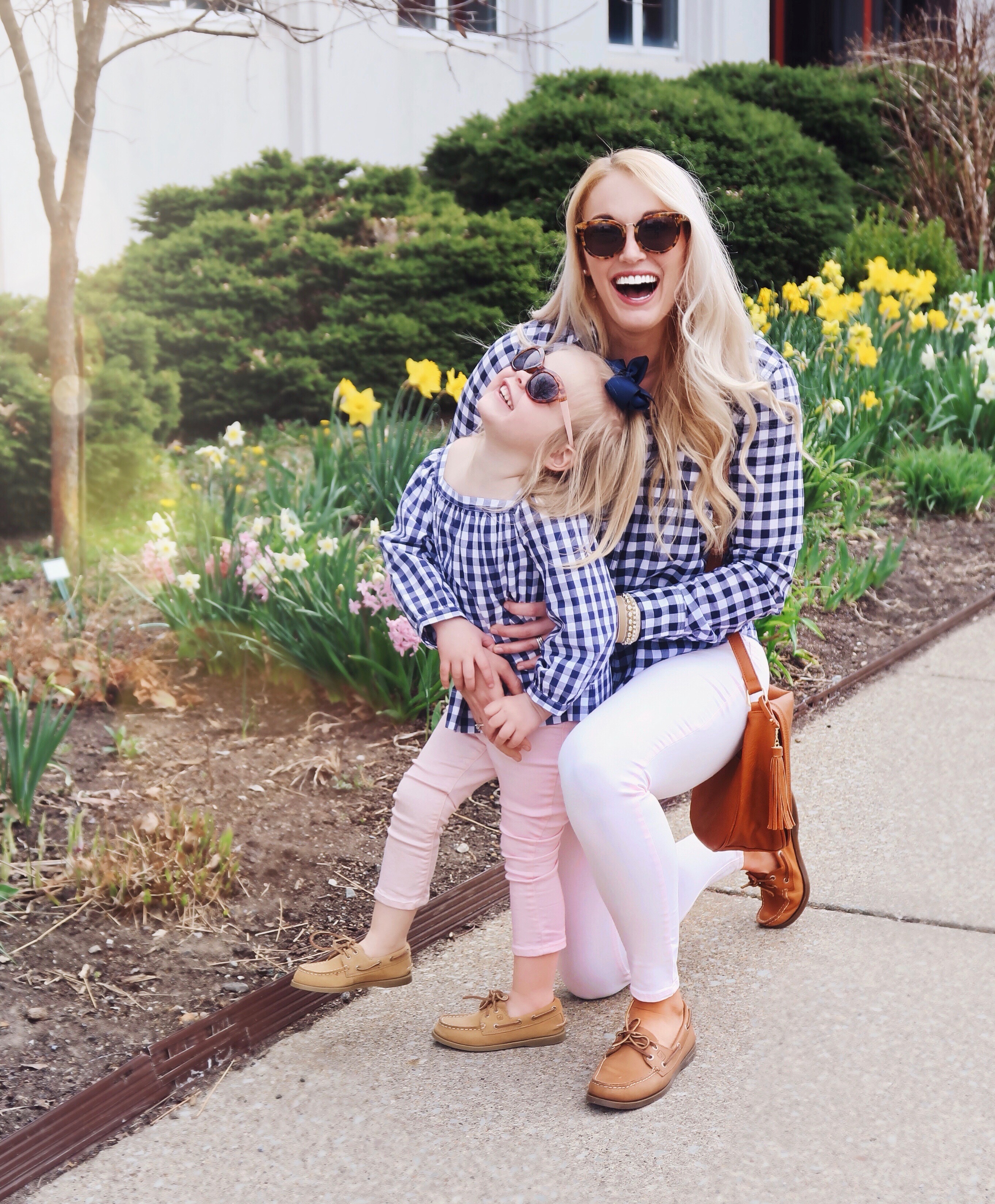 Mommy and Me Matching Outfits | Gingham Shirts | Pink Jeans | Sperry Boat Shoes #preppy