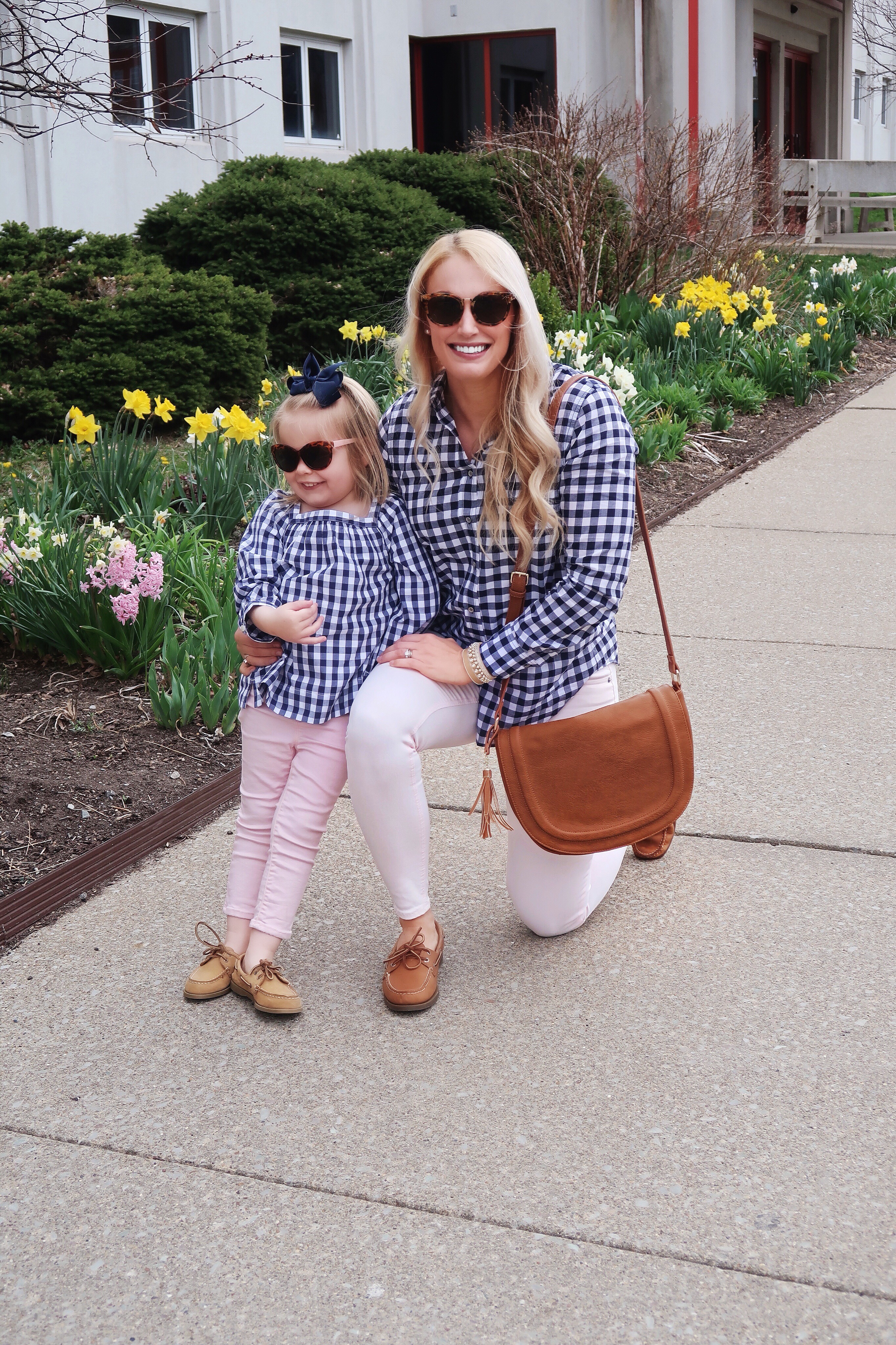 Mommy and Me Matching Outfits | Gingham Shirts | Pink Jeans | Sperry Boat Shoes #preppy