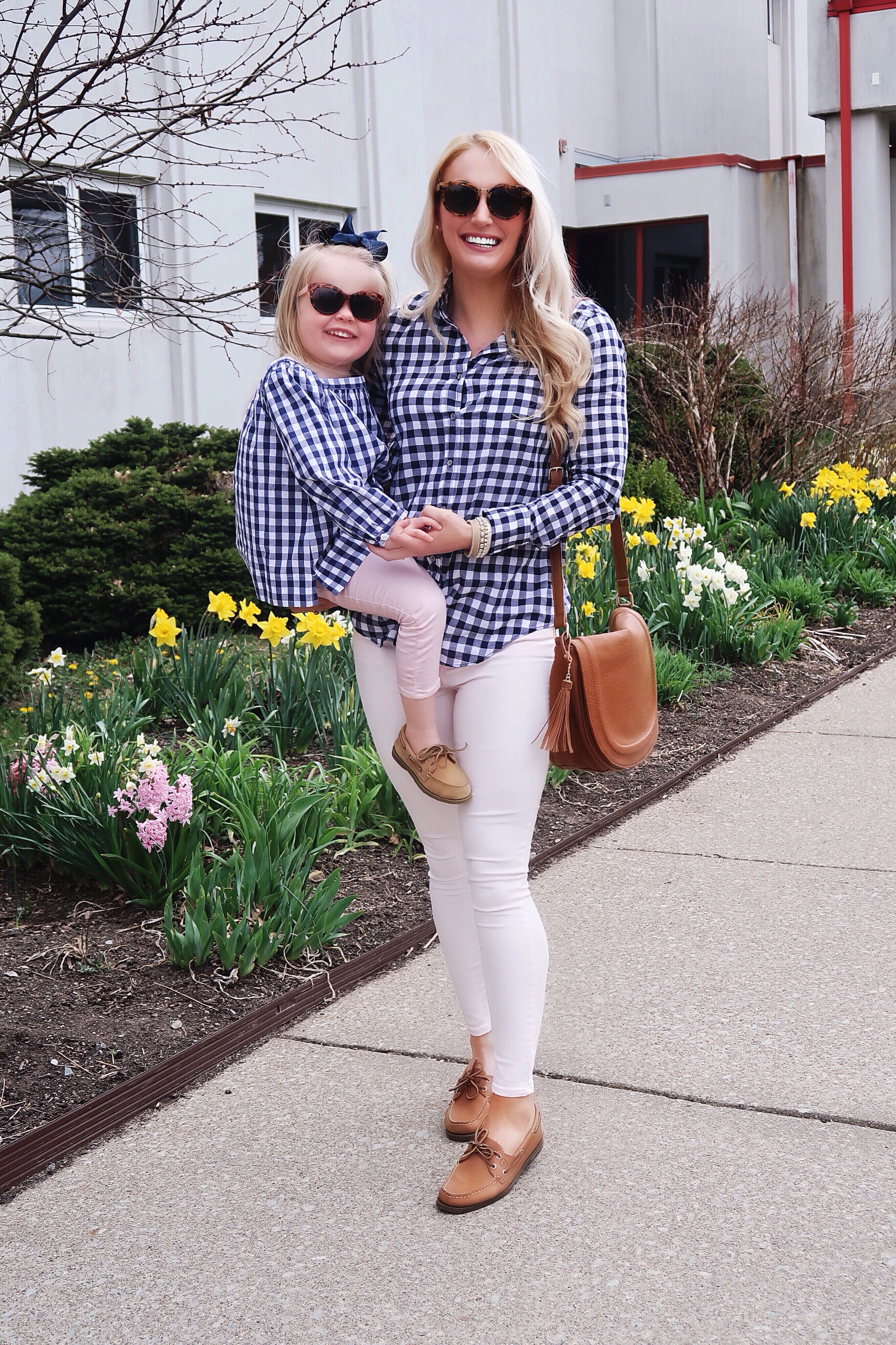 Mommy and Me Matching Outfits | Gingham Shirts | Pink Jeans | Sperry Boat Shoes #preppy