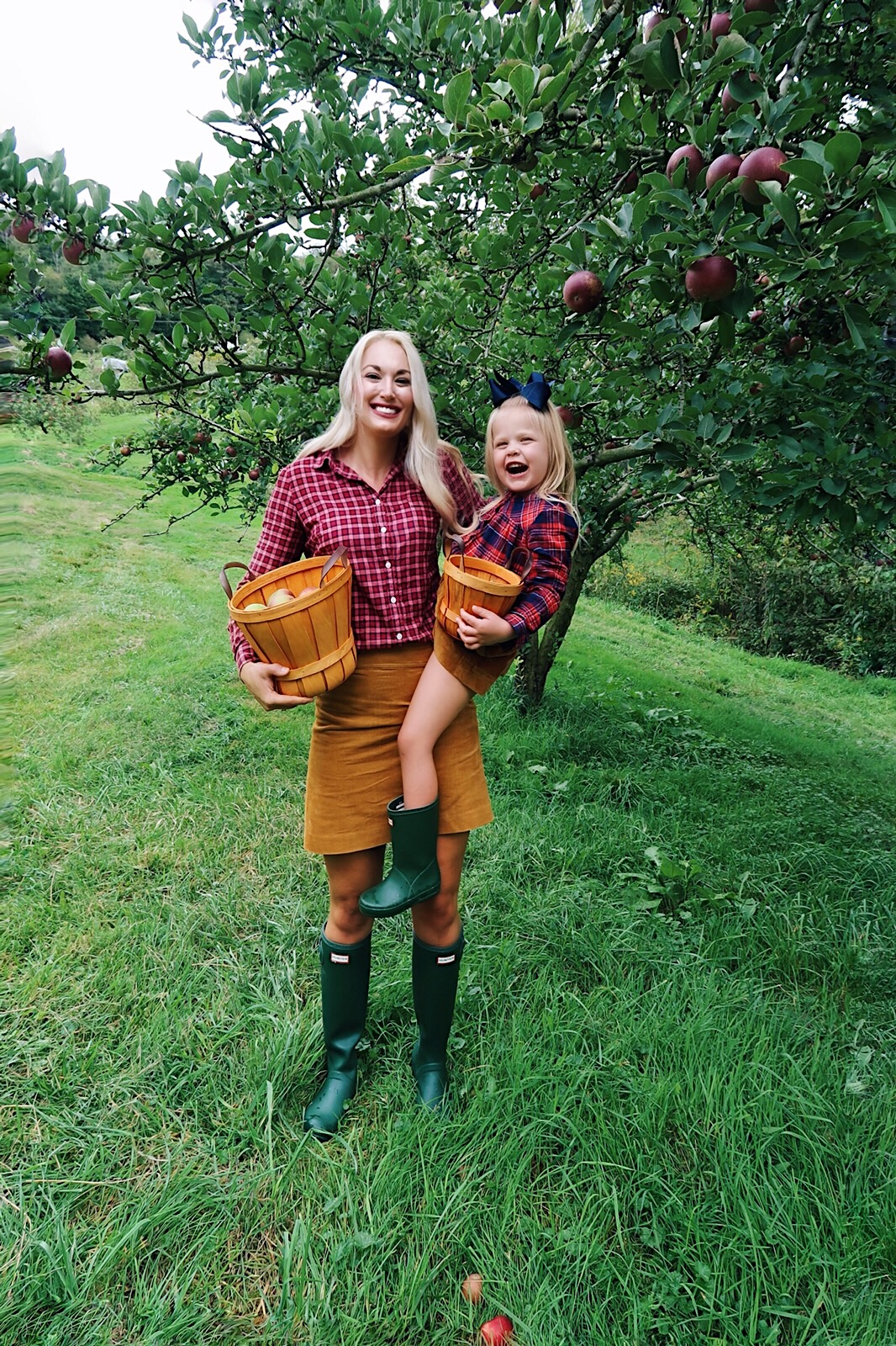 Apple Picking | Mommy and Me Fall Outfits | Corduroy Skirt, Hunter Boots, Plaid Top