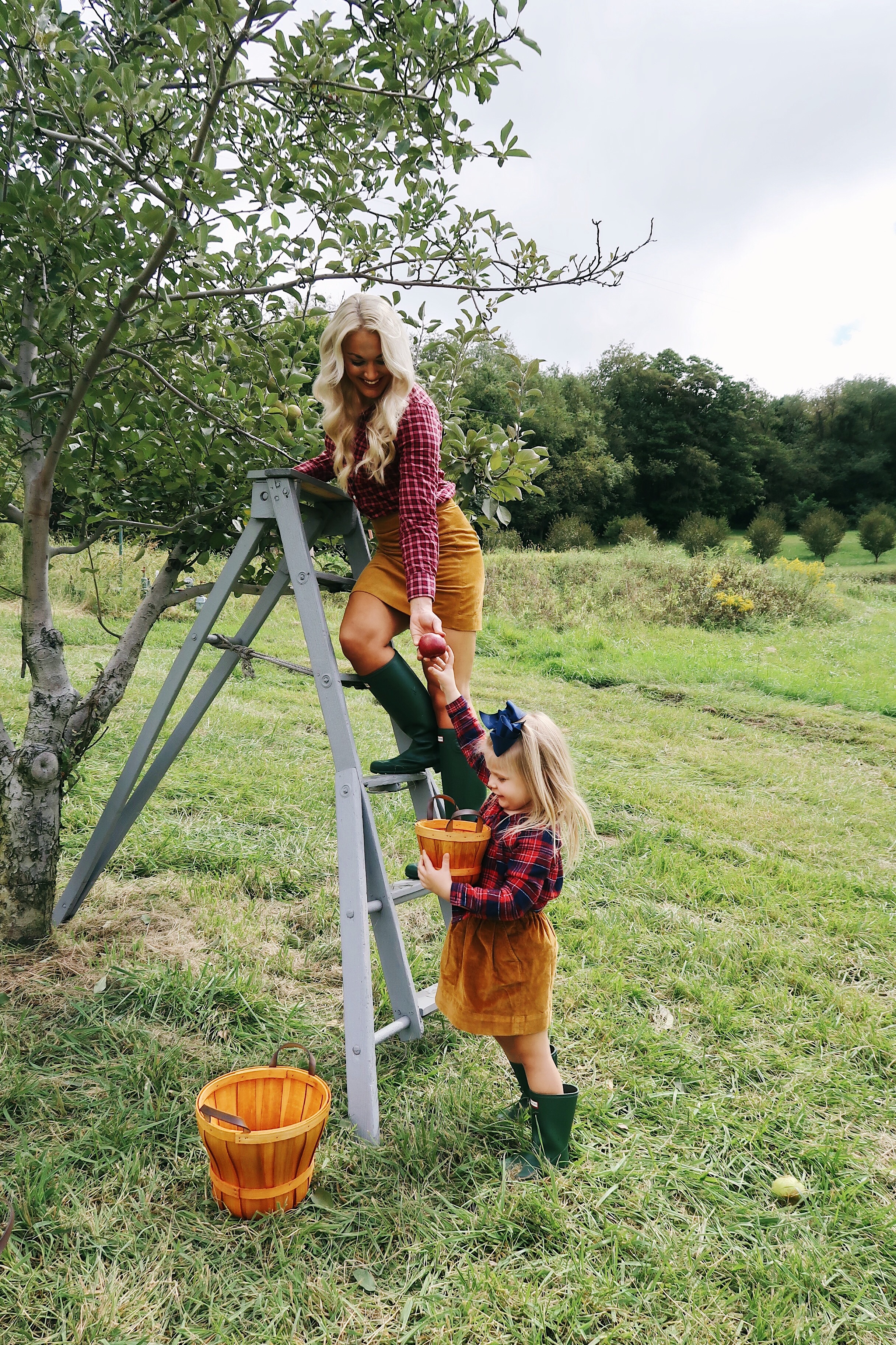 Apple Picking | Mommy and Me Fall Outfits | Corduroy Skirt, Hunter Boots, Plaid Top