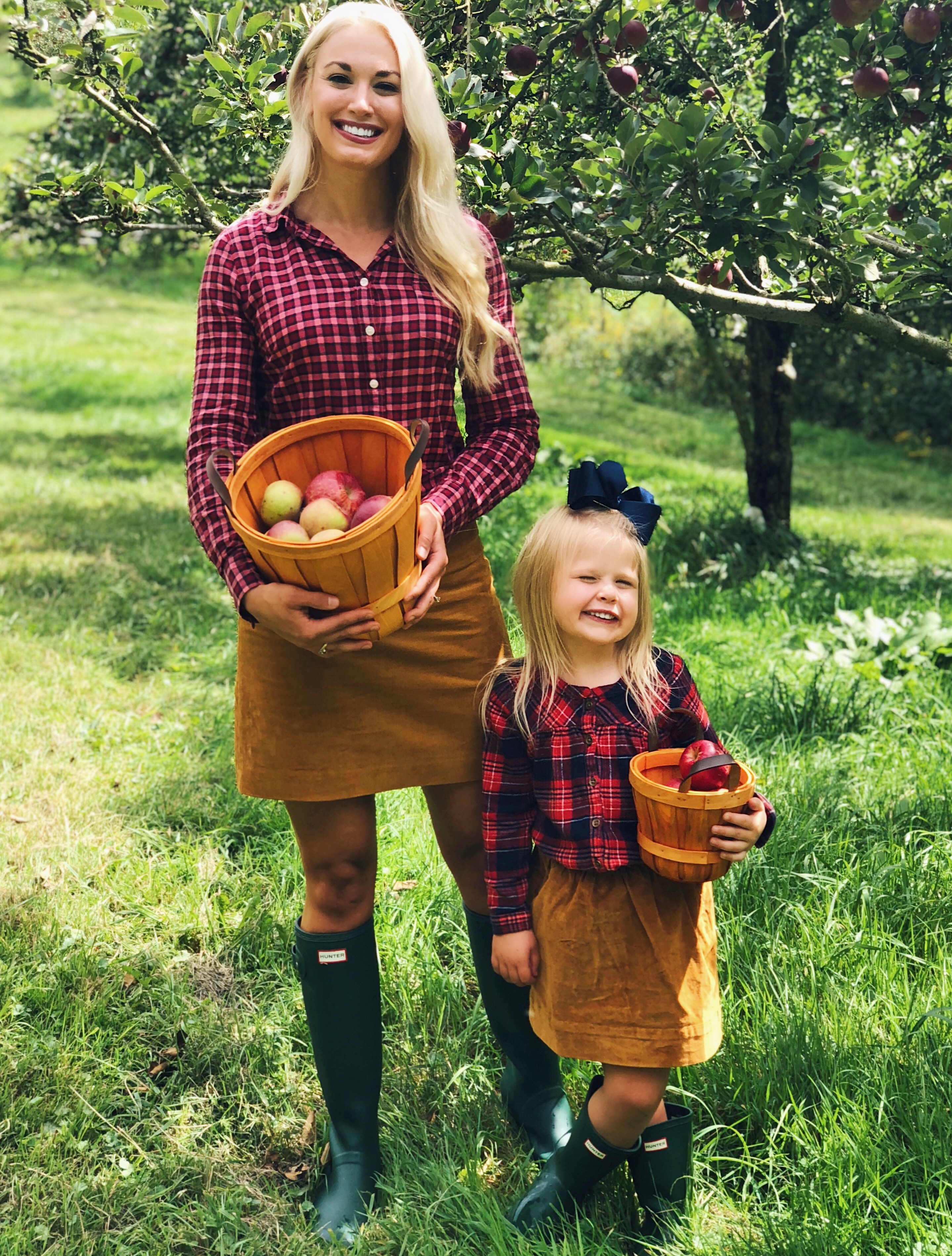 Apple Picking | Mommy and Me Fall Outfits | Corduroy Skirt, Hunter Boots, Plaid Top