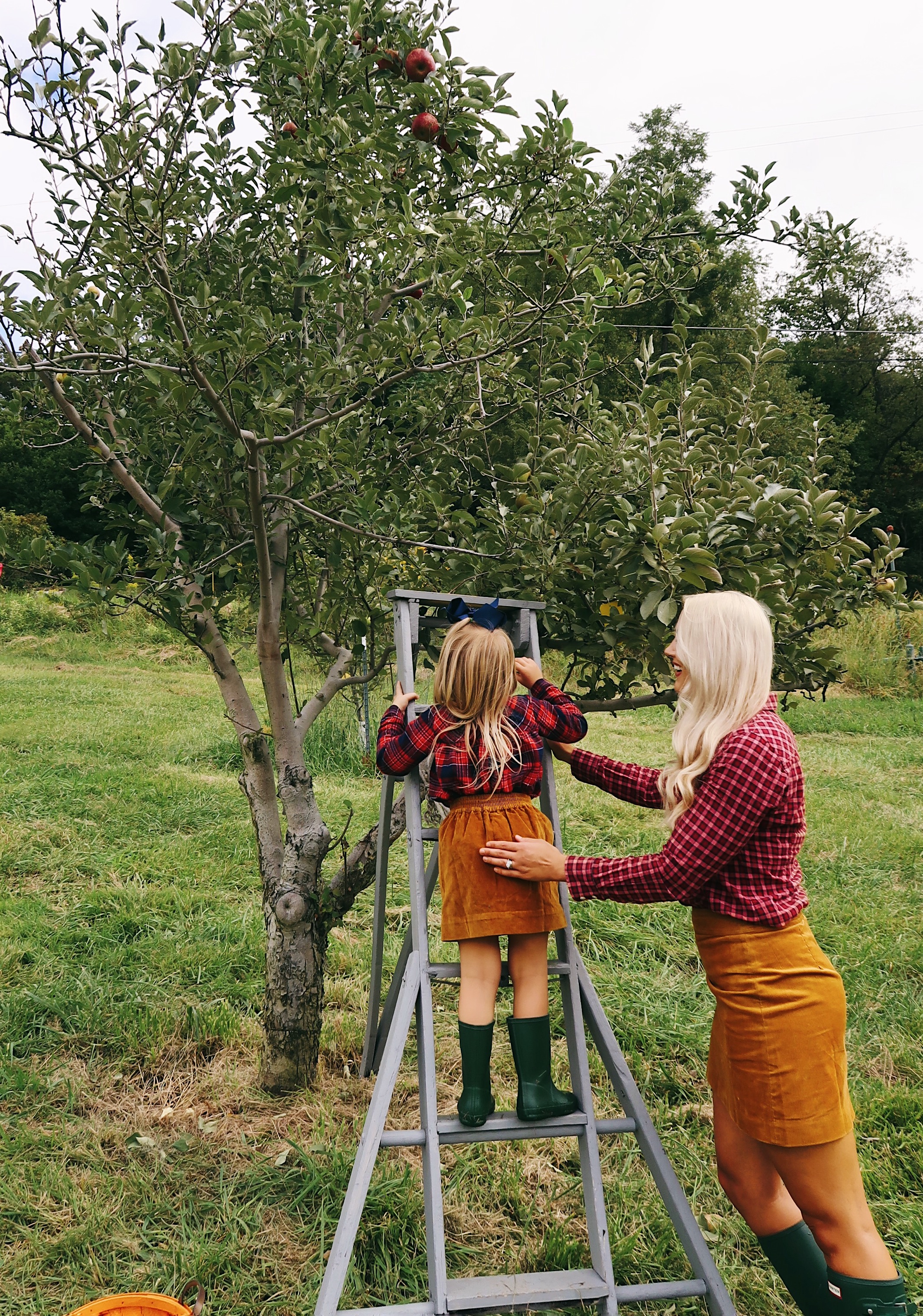 Apple Picking | Mommy and Me Fall Outfits | Corduroy Skirt, Hunter Boots, Plaid Top