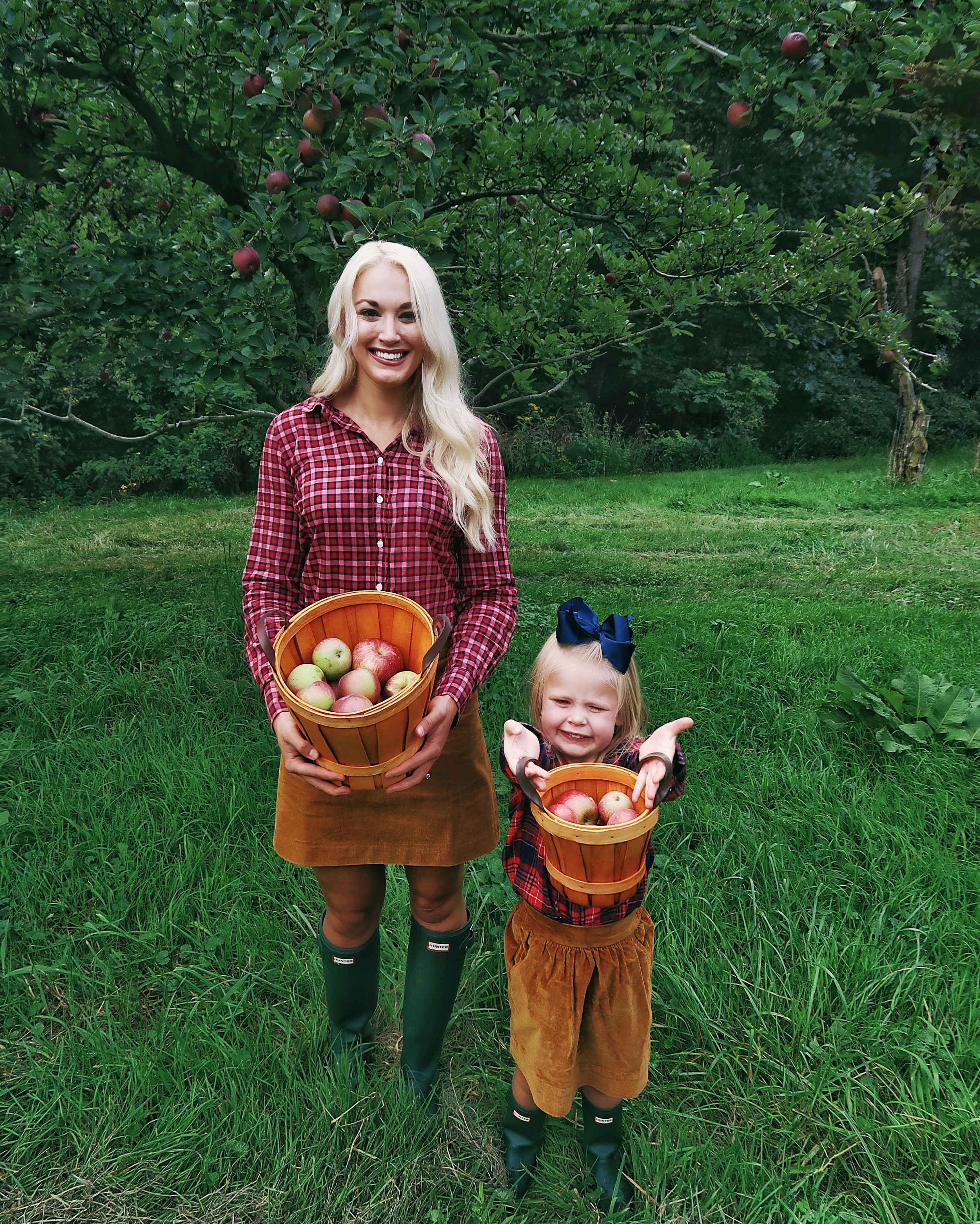 Apple Picking | Mommy and Me Fall Outfits | Corduroy Skirt, Hunter Boots, Plaid Top