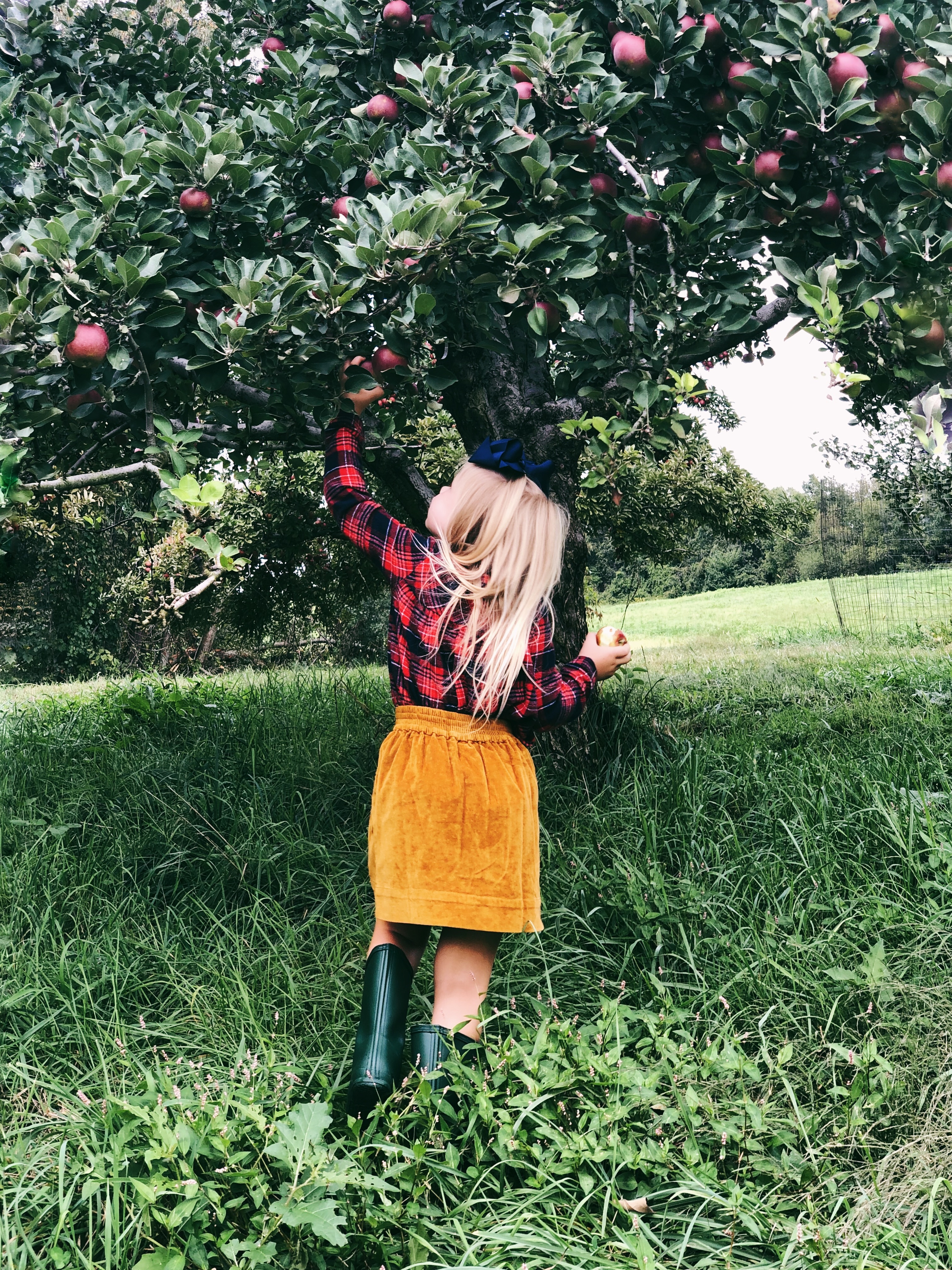 Apple Picking | Mommy and Me Fall Outfits | Corduroy Skirt, Hunter Boots, Plaid Top