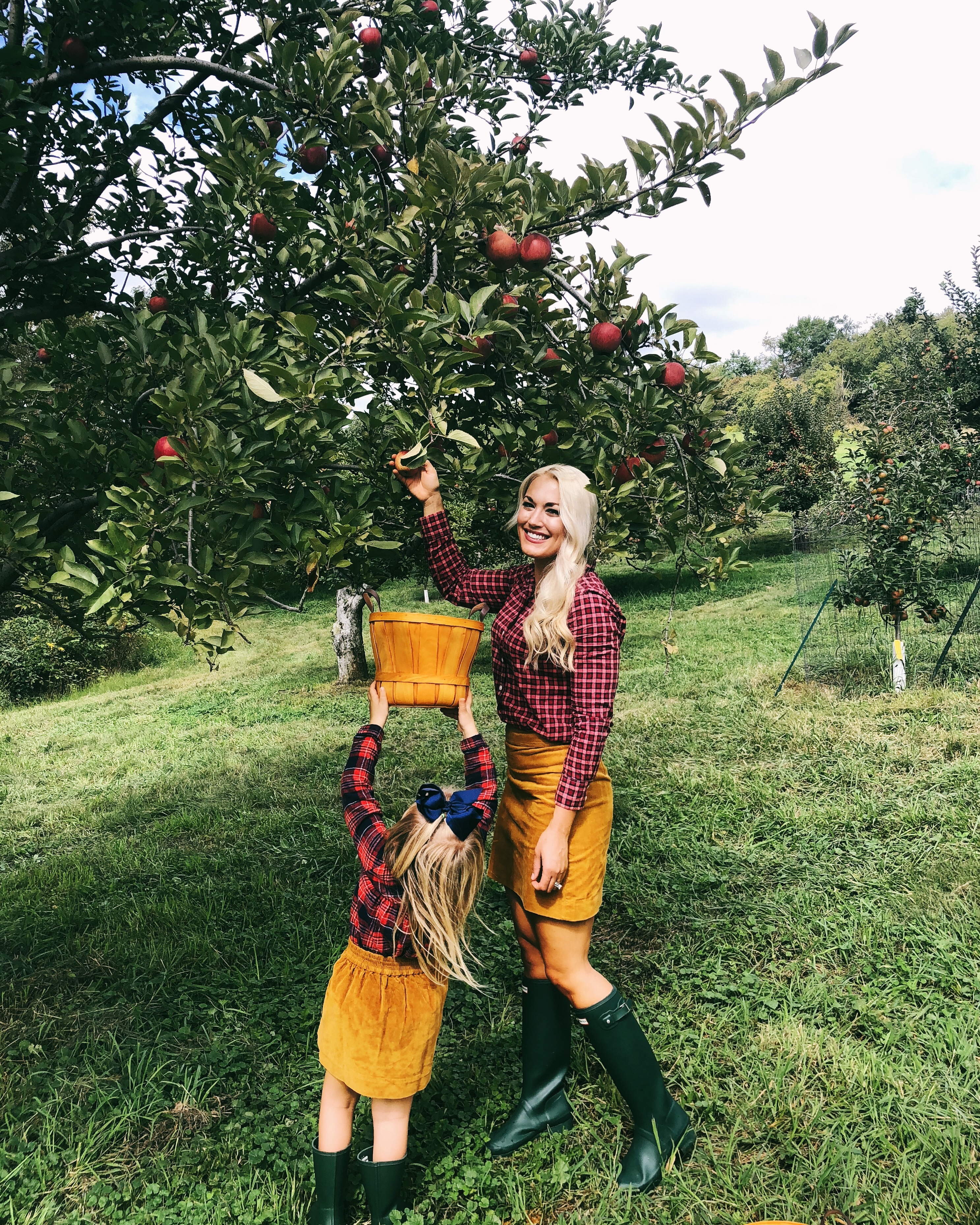 Apple Picking | Mommy and Me Fall Outfits | Corduroy Skirt, Hunter Boots, Plaid Top