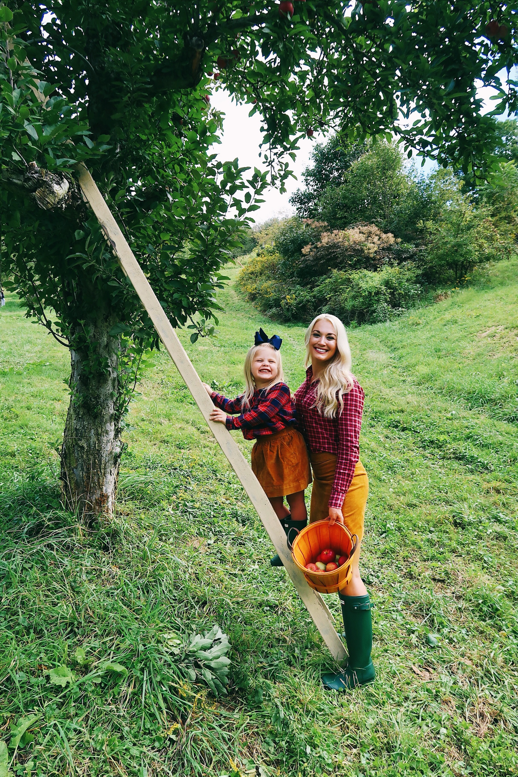 Apple Picking | Mommy and Me Fall Outfits | Corduroy Skirt, Hunter Boots, Plaid Top