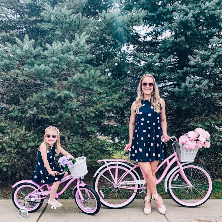 LOFT Mommy and Me Outfits | Mommy and Me Spring Outfits | Polka Dot Dress | Pink Bike | #mommyandme #LOFT #beachcruiser | www.styleherstrong.com