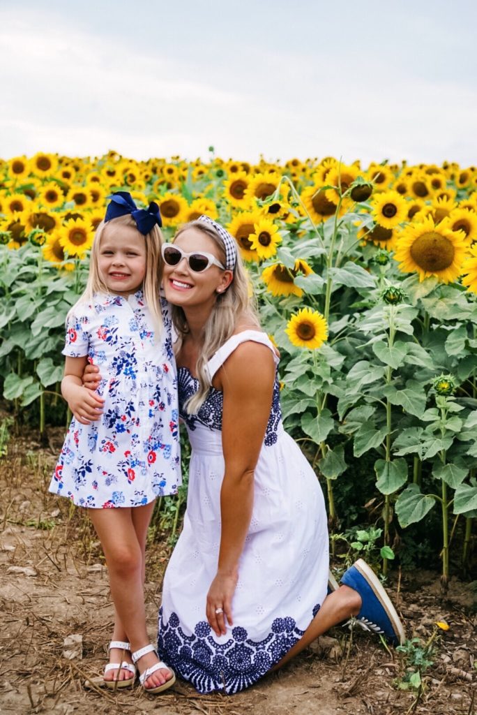 Sunflower Field Family Pictures | Family Photography | Draper James Dress | Family Adventure | Summer Style | Family Style | Preppy Style | Romantic Style | Eyelet Dress | Floral Dress | Sperry | J.Crew