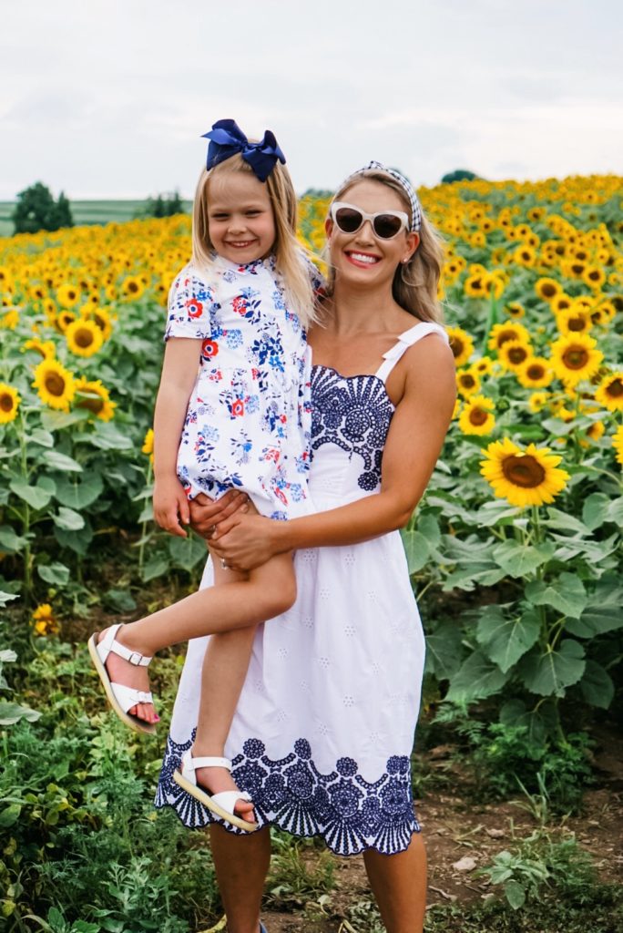 Sunflower Field Family Pictures | Family Photography | Draper James Dress | Family Adventure | Summer Style | Family Style | Preppy Style | Romantic Style | Eyelet Dress | Floral Dress | Sperry | J.Crew