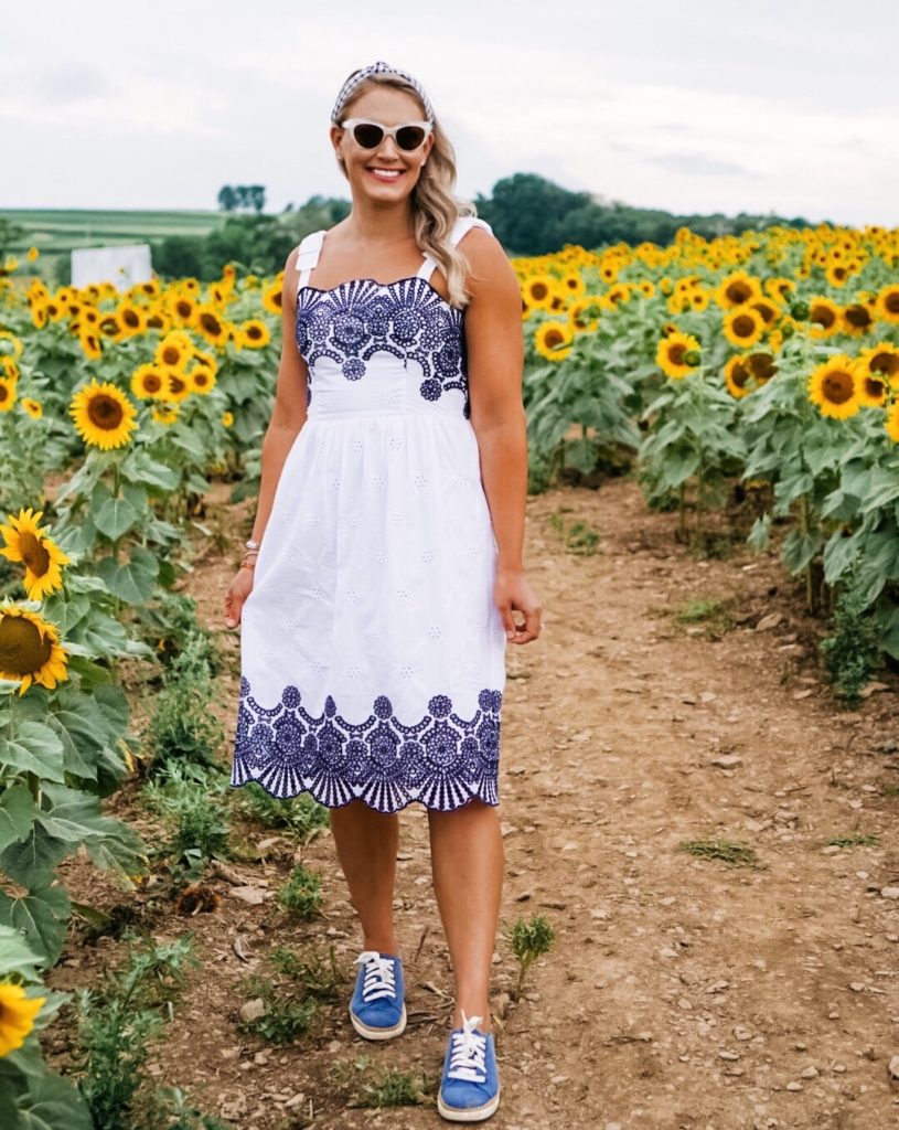 Sunflower Field Family Pictures | Family Photography | Draper James Dress | Family Adventure | Summer Style | Family Style | Preppy Style | Romantic Style | Eyelet Dress | Floral Dress | Sperry | J.Crew