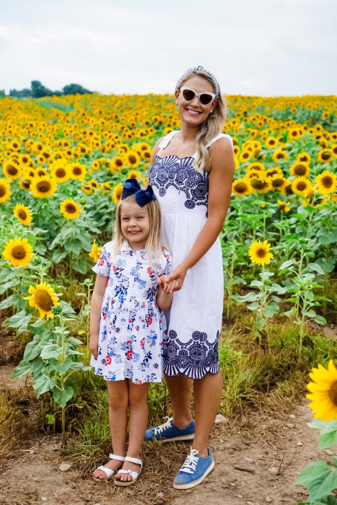 Sunflower Field Family Pictures | Family Photography | Draper James Dress | Family Adventure | Summer Style | Family Style | Preppy Style | Romantic Style | Eyelet Dress | Floral Dress | Sperry | J.Crew