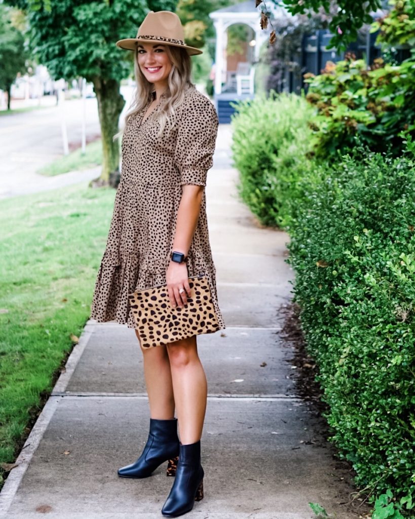 Leopard Print Dress | Fall Outfit | Felt Brim Hat | Fall Booties