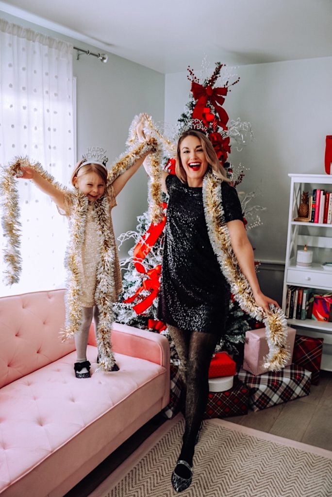 NYE at Home Fun | New Year's Eve Style | New Year's Eve Outfits | NYE 2020 | New Year's Eve 2020 #nye2020 Sequin dress | Mommy and me outfits | Sequin sweater | sequin top | New Year 2021