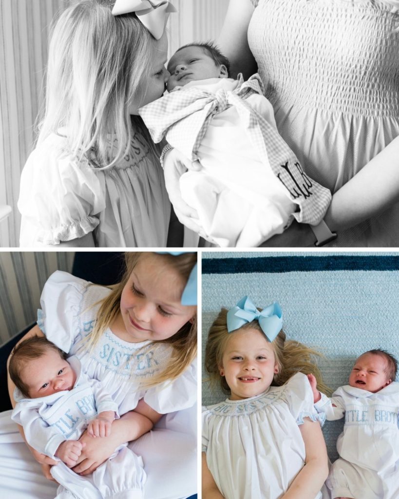 Newborn Photography | Newborn Photos | Family Home Photos | Baby Boy Nursery | Boy Nursery | Little Boy Room | Serena and Lily | Big Sister | Pottery Barn | Grandmillennial Home | Blue and White Home | Family Photo Outfits