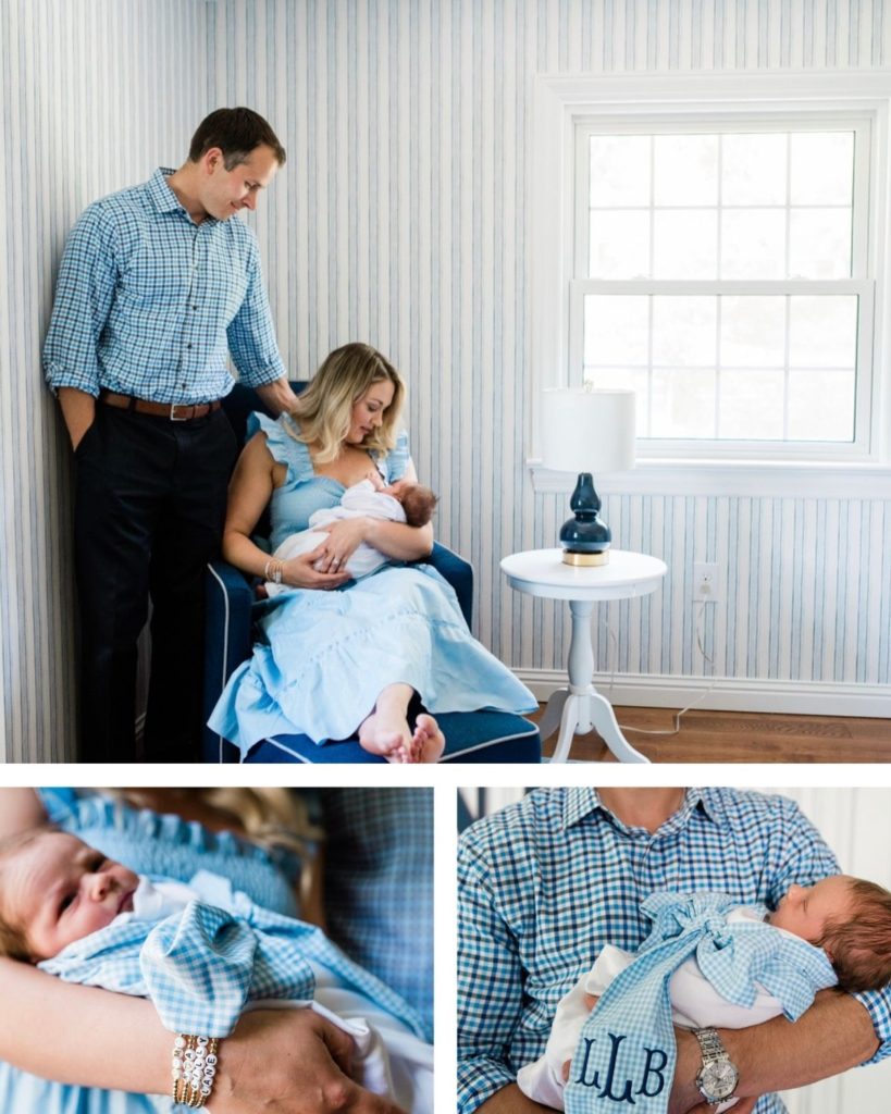 Newborn Photography | Newborn Photos | Family Home Photos | Baby Boy Nursery | Boy Nursery | Little Boy Room | Serena and Lily | Big Sister | Pottery Barn | Grandmillennial Home | Blue and White Home | Family Photo Outfits