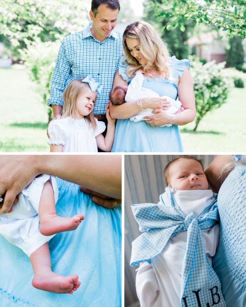 Newborn Photography | Newborn Photos | Family Home Photos | Baby Boy Nursery | Boy Nursery | Little Boy Room | Serena and Lily | Big Sister | Pottery Barn | Grandmillennial Home | Blue and White Home | Family Photo Outfits