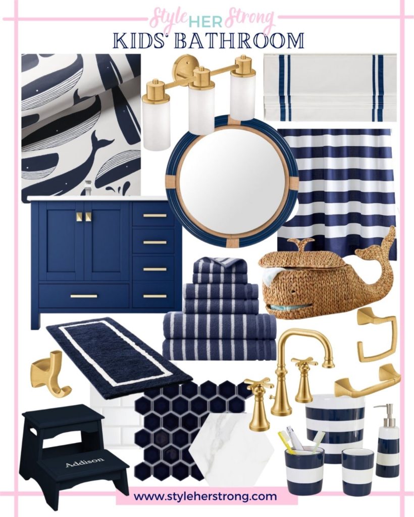 Kids Bathroom Renovation | Nautical Bathroom | Preppy Bathroom | Navy and White Bathroom | Navy Vanity | Serena and Lily Wallpaper | Pottery Barn Kids | Hexagon Tile | Shower Niche | Border Tile | Bathroom Remodel | Classic Bathroom | Brushed Gold Hardware